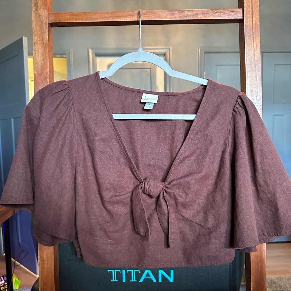 A New Day Flutter Linen Short Sleeve Tie Front Crop Top Size M